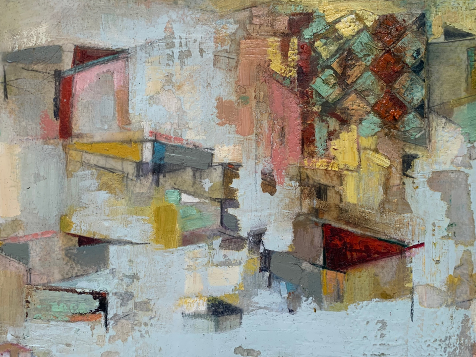 City Tapestry, Watercolour, Graphite, Oil on Paper wooden panel 29 X 23cm.(Framed)