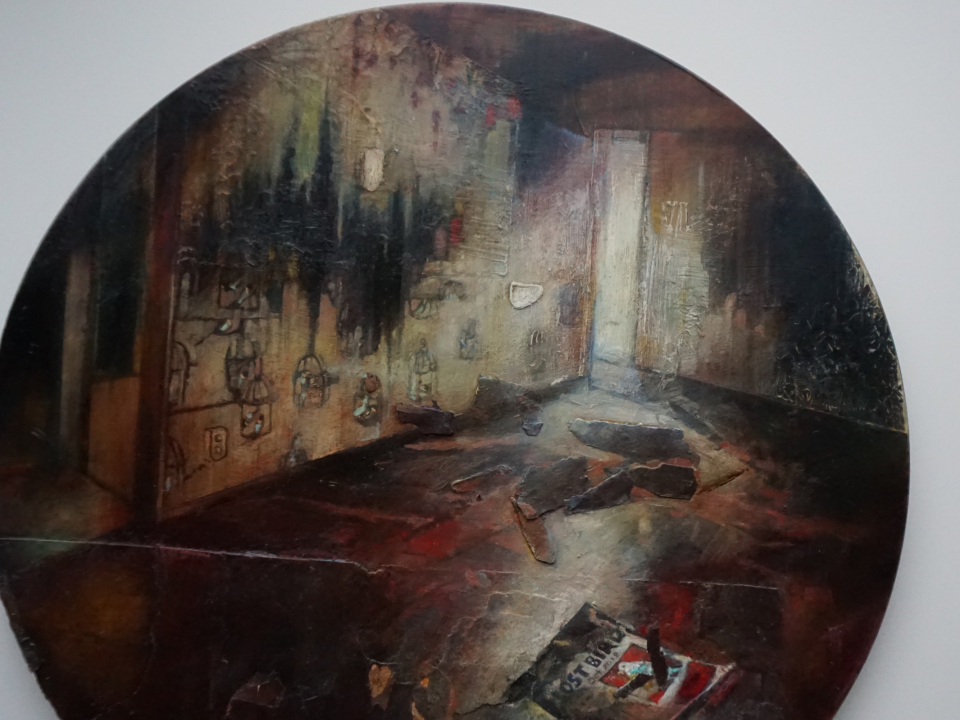 Lost Bird,  Graphite, Oil,  Resin, Wallpaper, collage on wooden panel 48 x 48cm. 2025