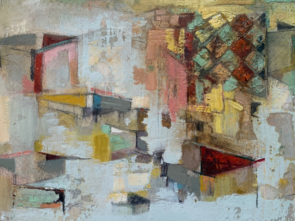 City Tapestry, Watercolour, Graphite, Oil on Paper wooden panel 29 X 23cm.(Framed)